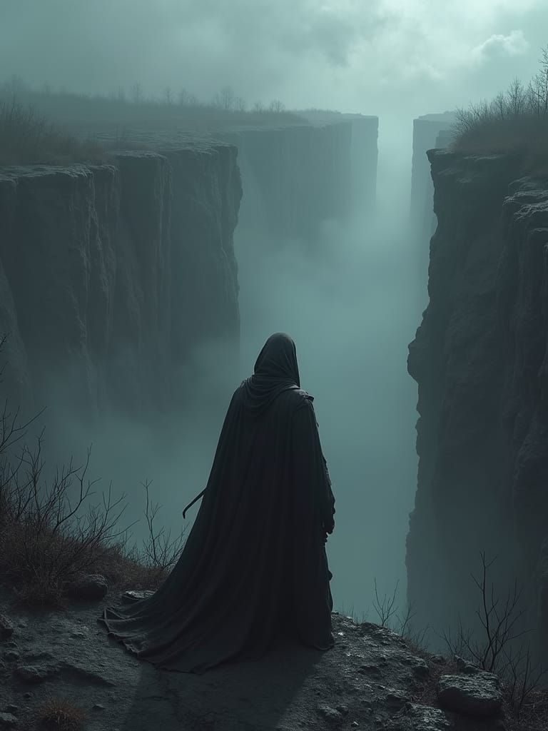 Hooded Figure at Abyss in Dark Fantasy Art