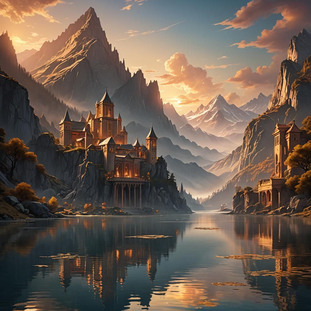 Mystical Mountains at Sunset: Digital Art Landscape