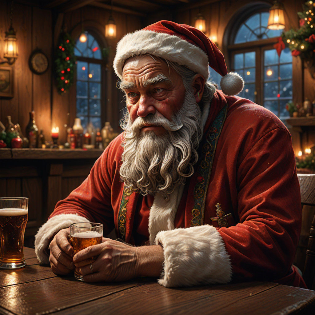 Weary Santa Claus Takes a Christmas Eve Ale Break