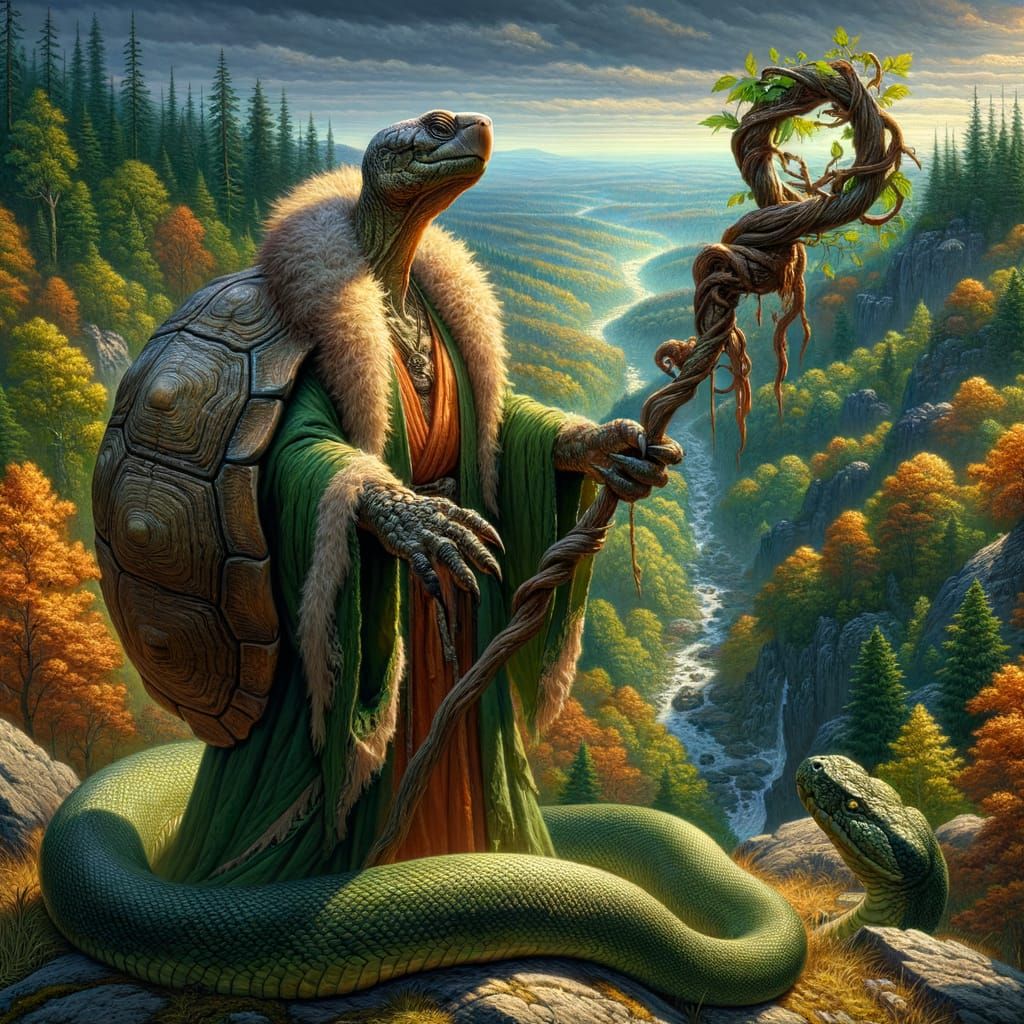 Turtle Druid and Anaconda in Autumn Forest