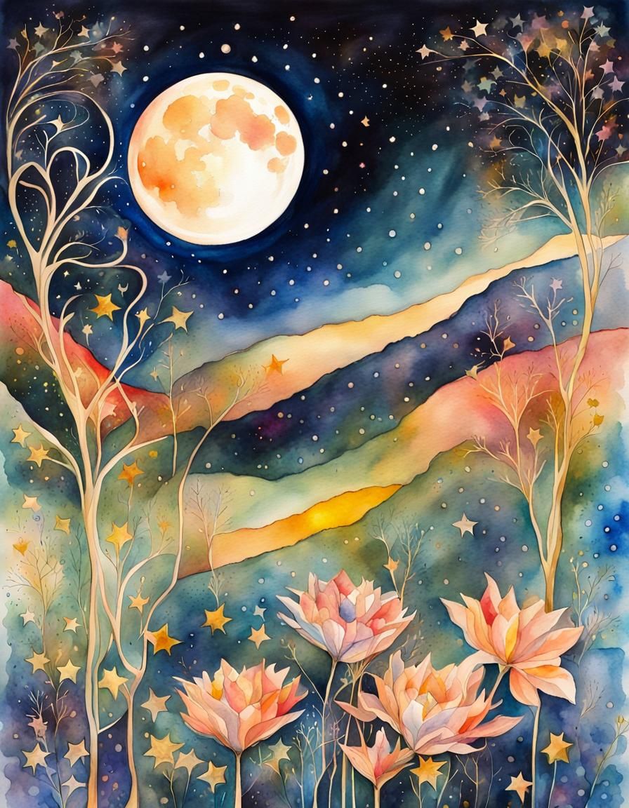 Vivid Night Blooming Garden in Watercolor Style