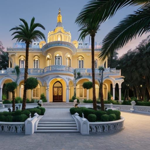 Grand Mansion with Flowering Garden at Night