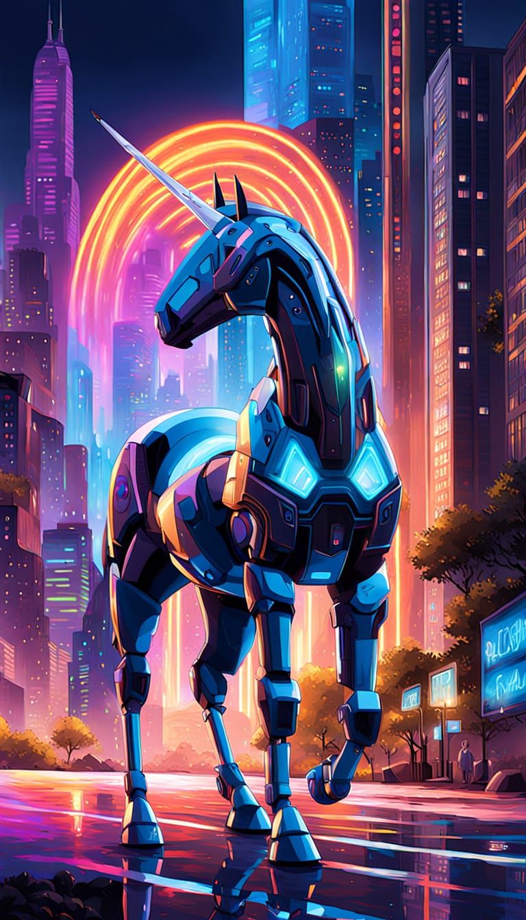 Vibrant Futuristic Mech Unicorn in Oil Painting Style