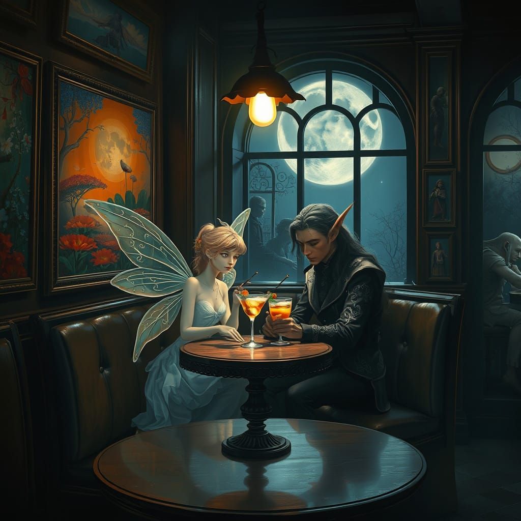 Enchanted Night Café Scene in Elegant Fantasy Style