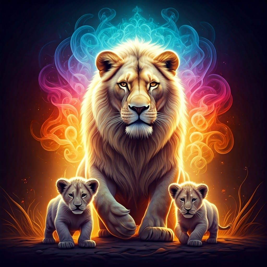 Heavenly Lioness with Rainbow Smoke and Cubs