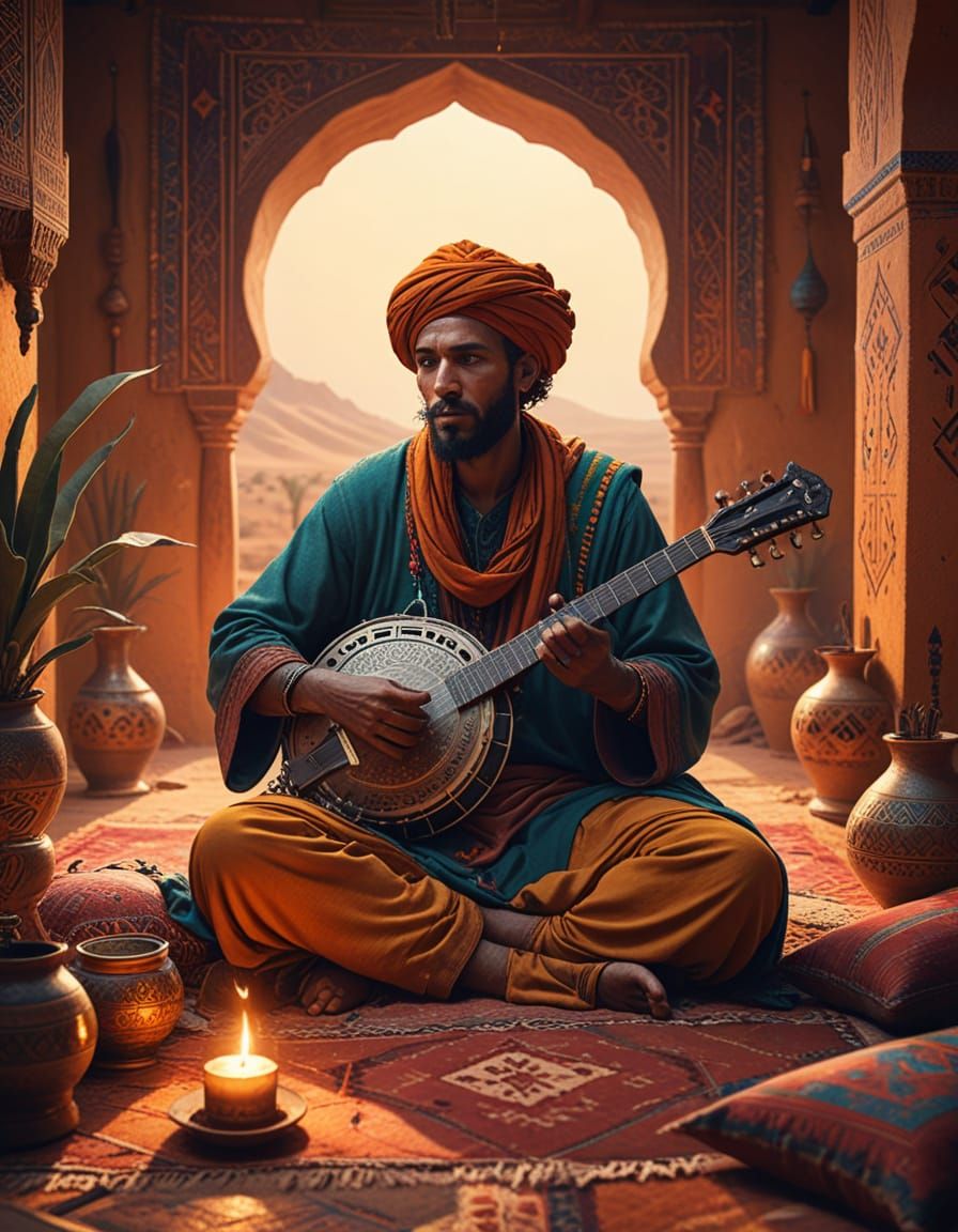 Ethereal Gnawa Musician in Mystic Desert Oasis