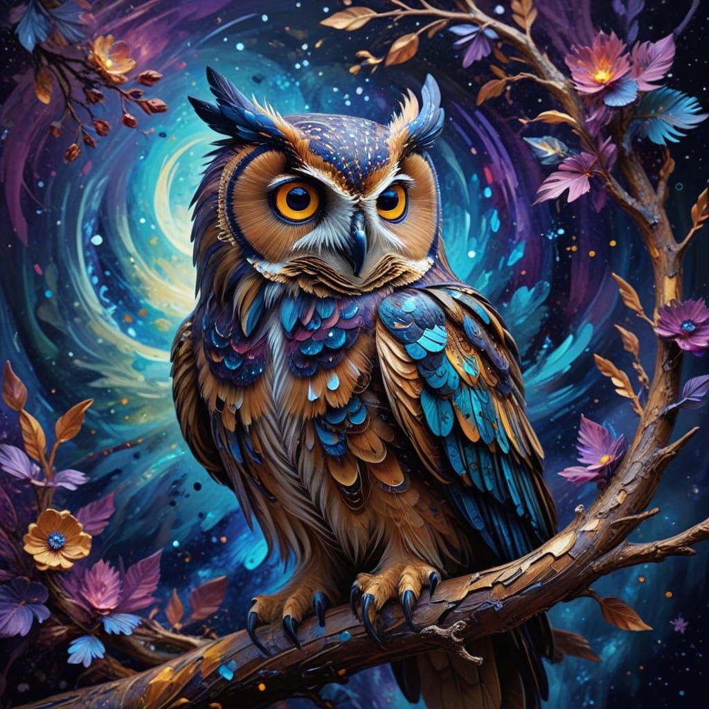 Regal Owl in Neo-Impressionist Style with Jewel Eyes