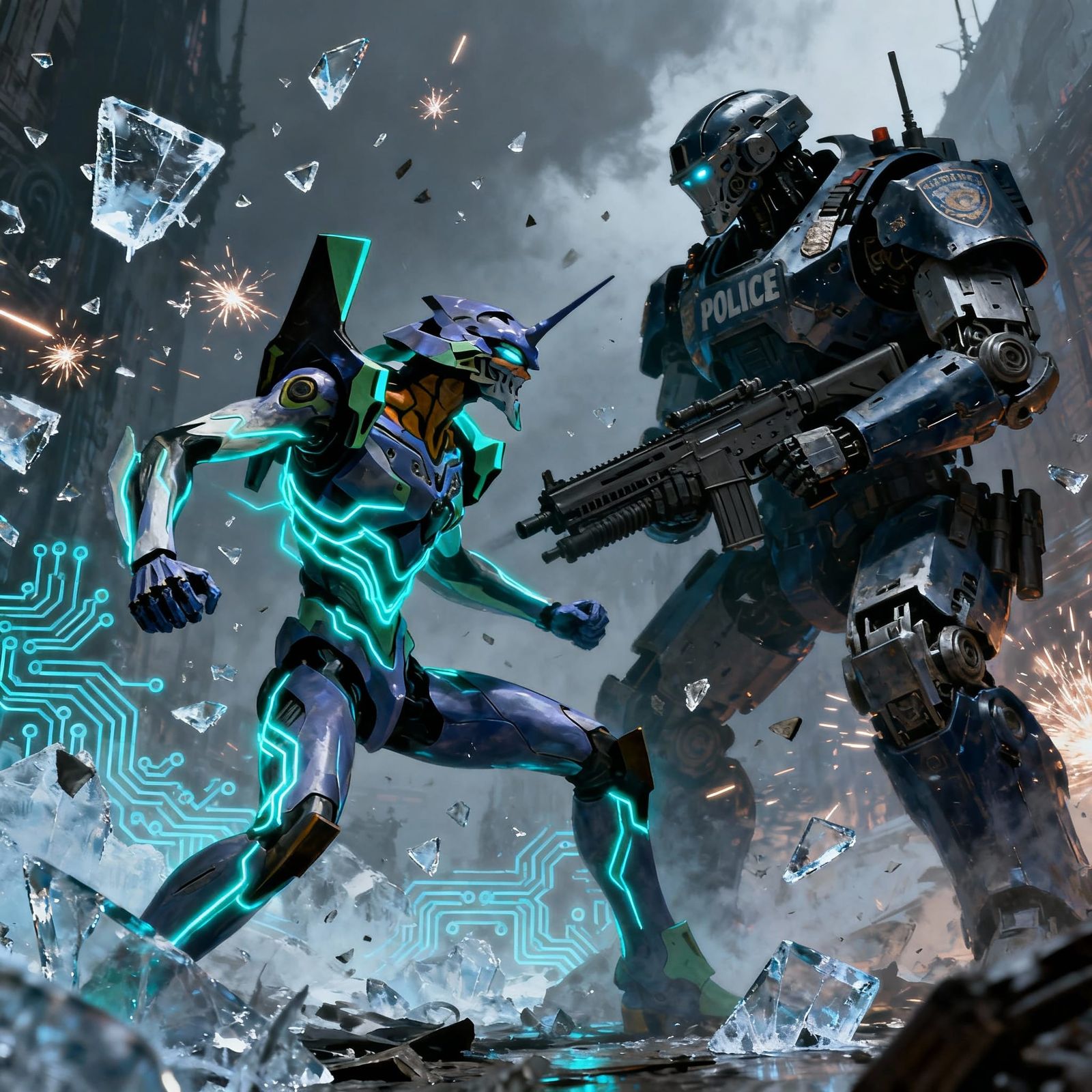 Cyberpunk EVA Battles Police Robot in Digital Painting