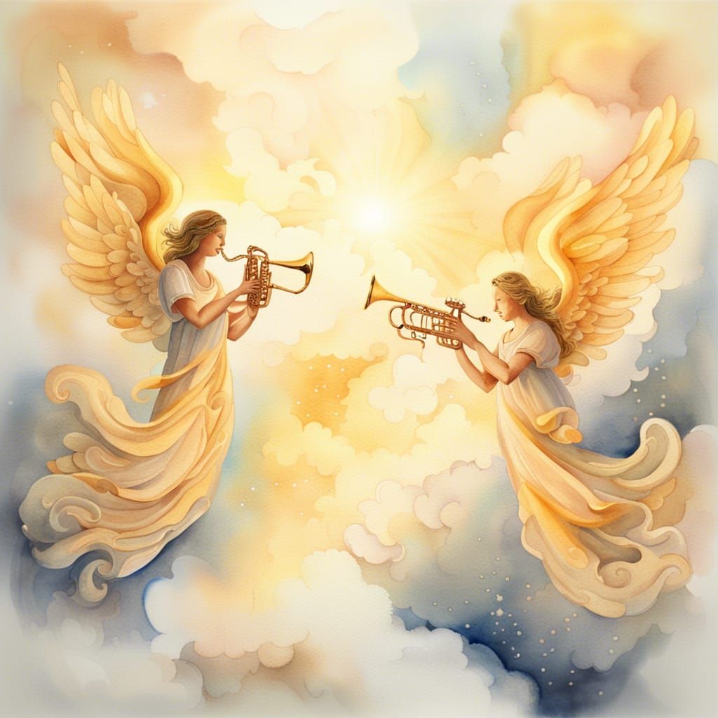 Angels Playing Saxophones in Heaven: Watercolor Scene