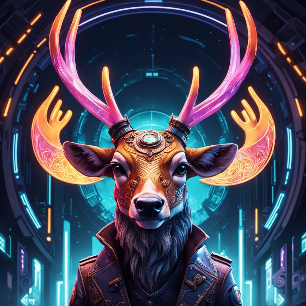 Cyberpunk Deer in Speakeasy with Neon Antlers