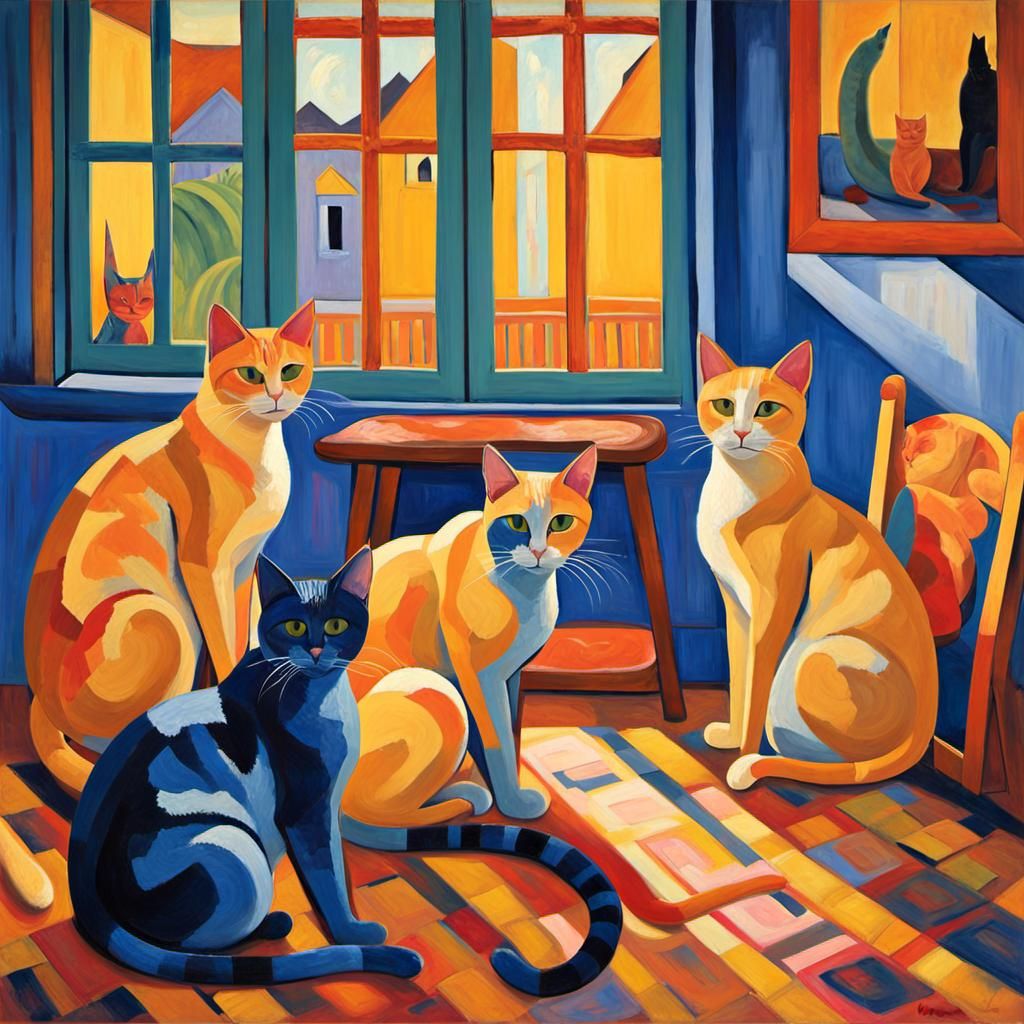 Expressionist Cats in Folk-Art Inspired Room