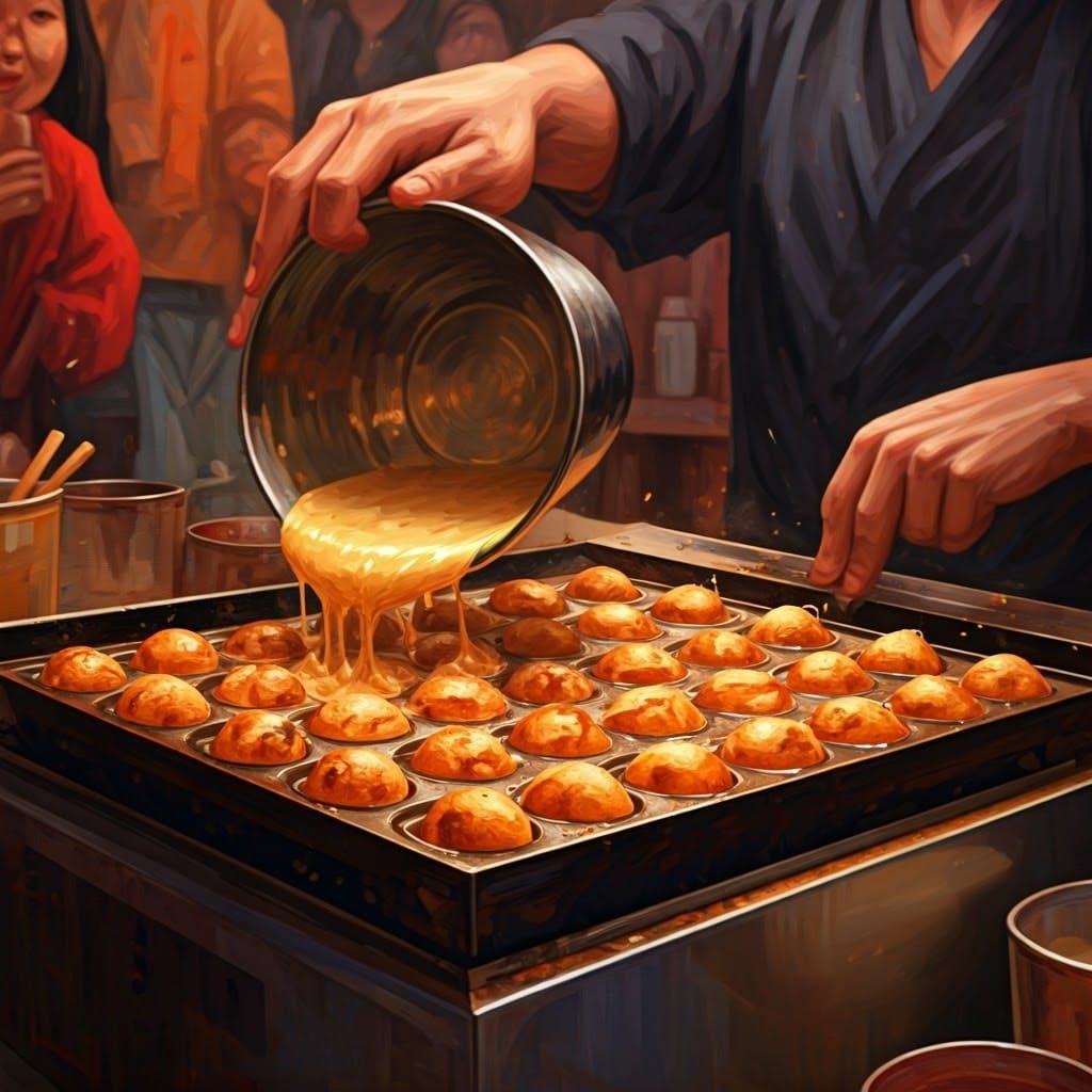 Takoyaki Sizzling on Tokyo Grill as Digital Art