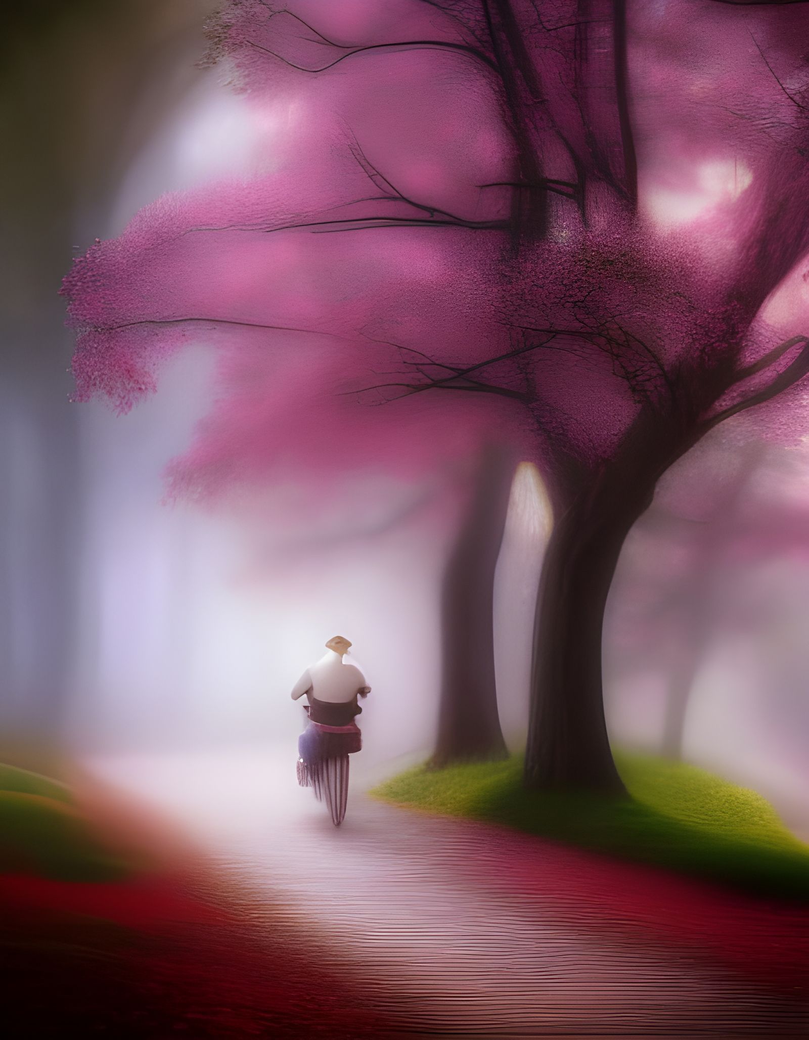 Ethereal Old Woman Bicycling in Kinkade Style