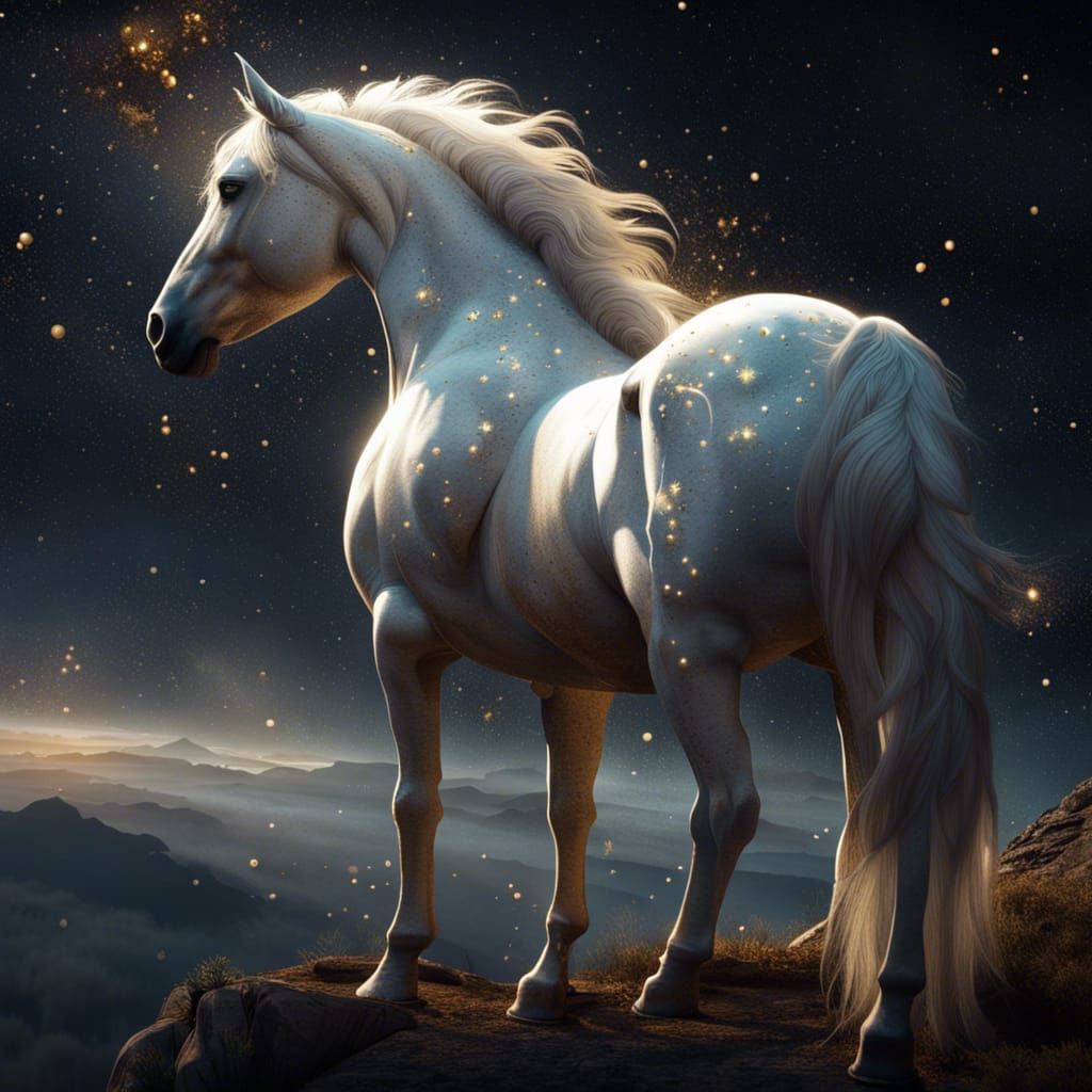 White Horse Gazing at Stars in Detailed Matte Painting
