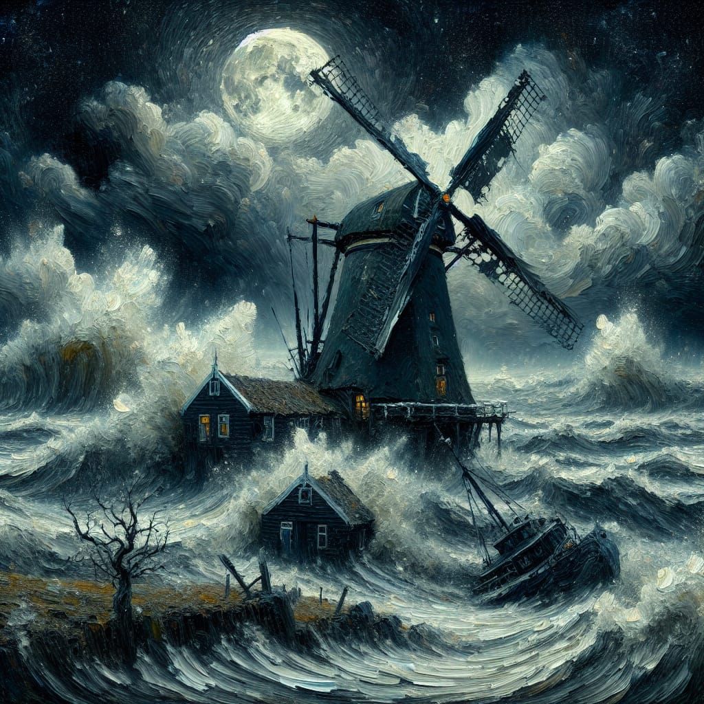 Stormy North Sea Windmill in Impasto Style