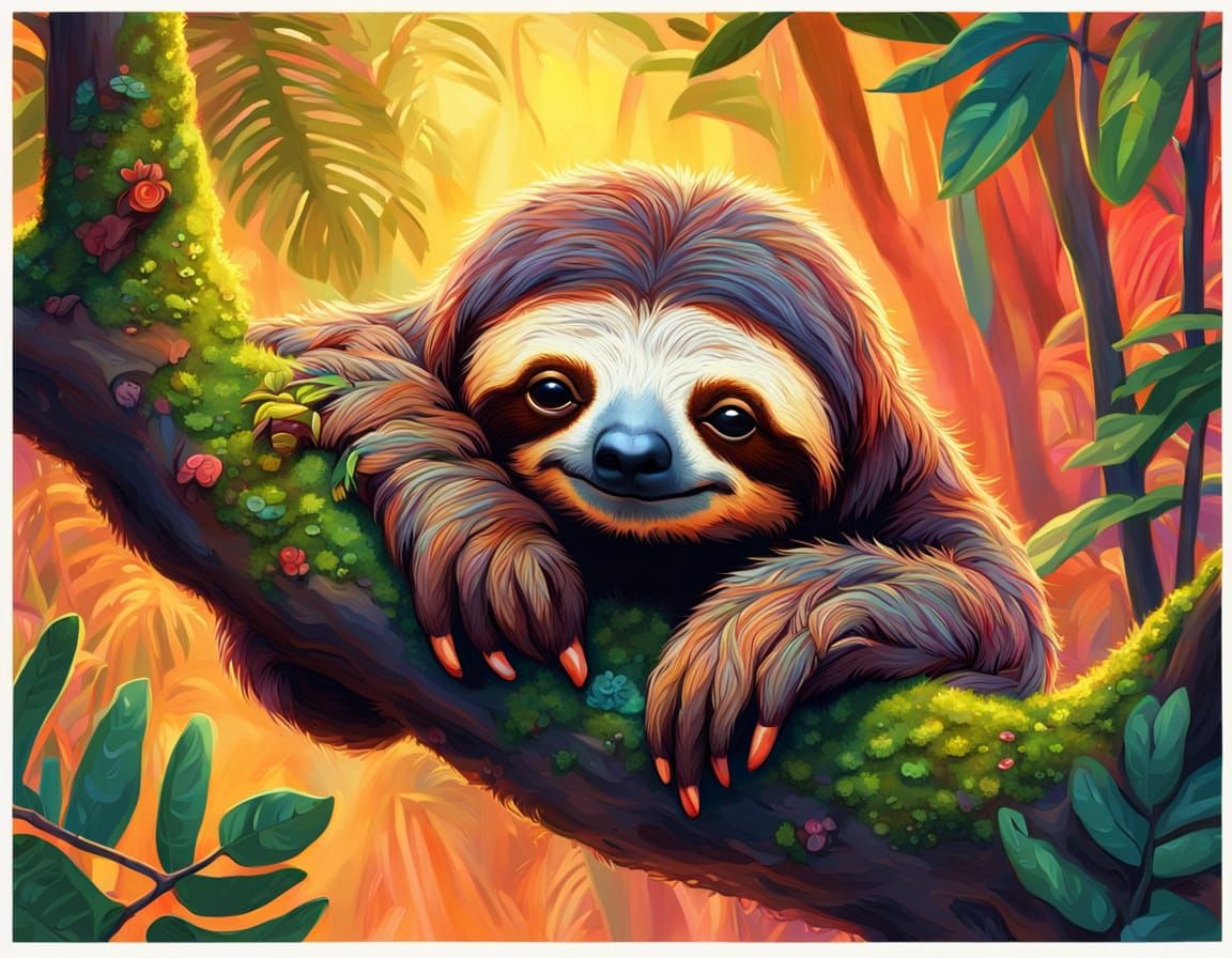 Adorable Sloth Sleeps on Mossy Branch in Sunset Jungle