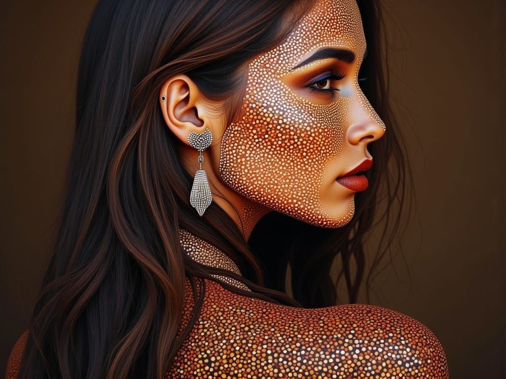 Stunning Woman with Mosaic Skin in Vibrant Aboriginal-Inspir...