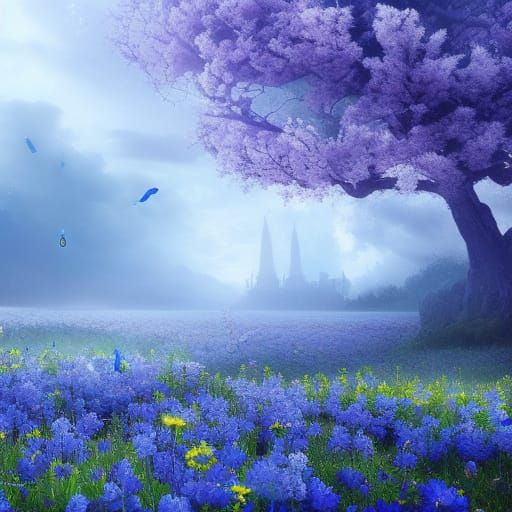 Brilliant Springtime Blue Flowers Digital Painting