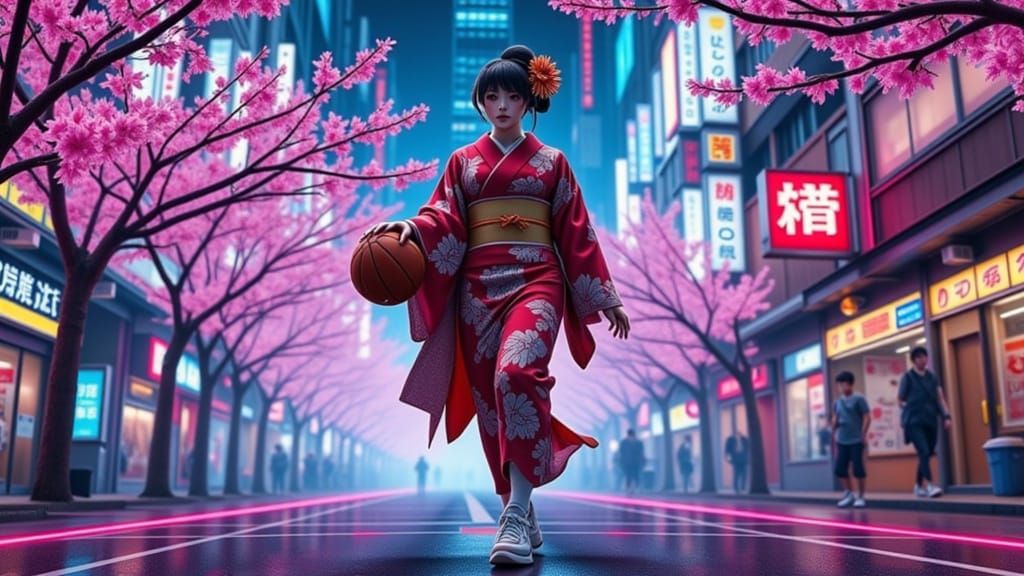 Geisha Plays Basketball in Tokyo: Cyberpunk Style