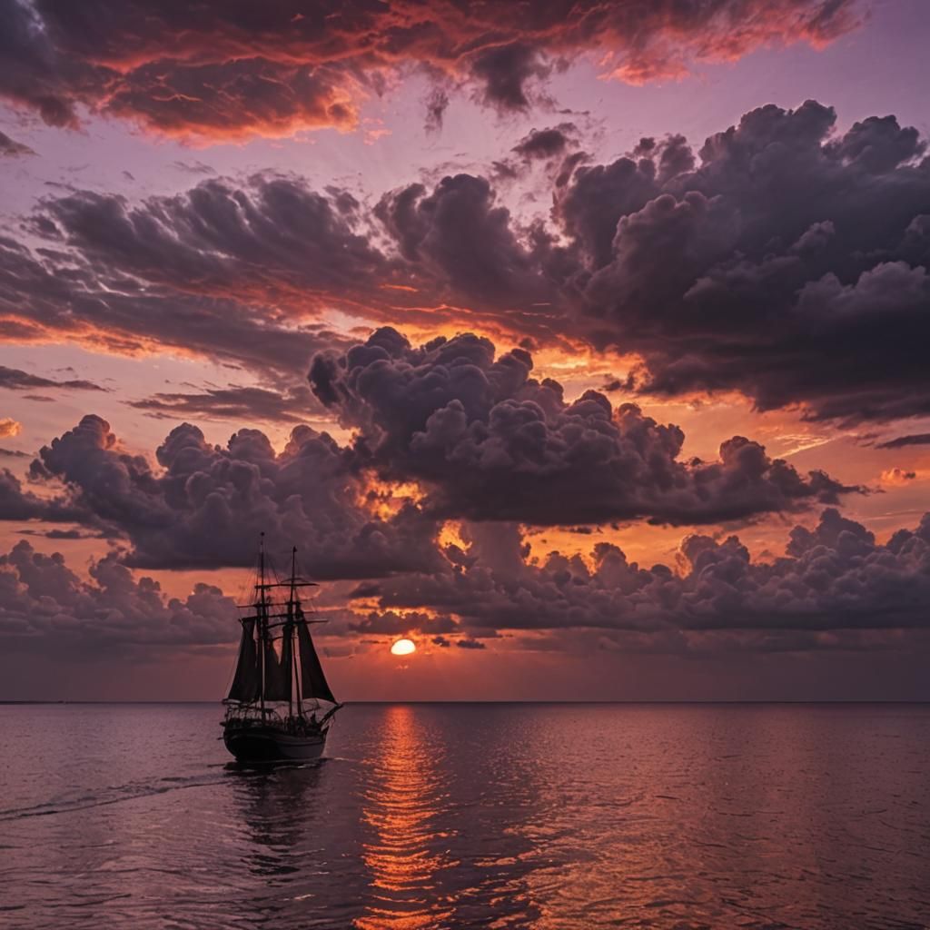 Ship Sails Into Dramatic Red Sunset