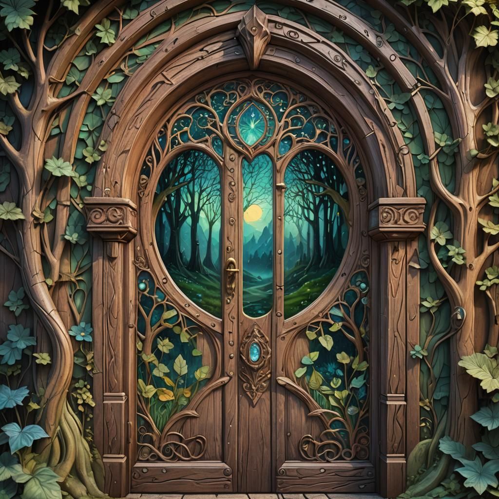 art nouveau carved wood medieval door with a small window sh...