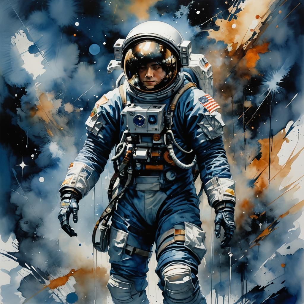 Astronaut Portrait on Alien Moon in Watercolor Style