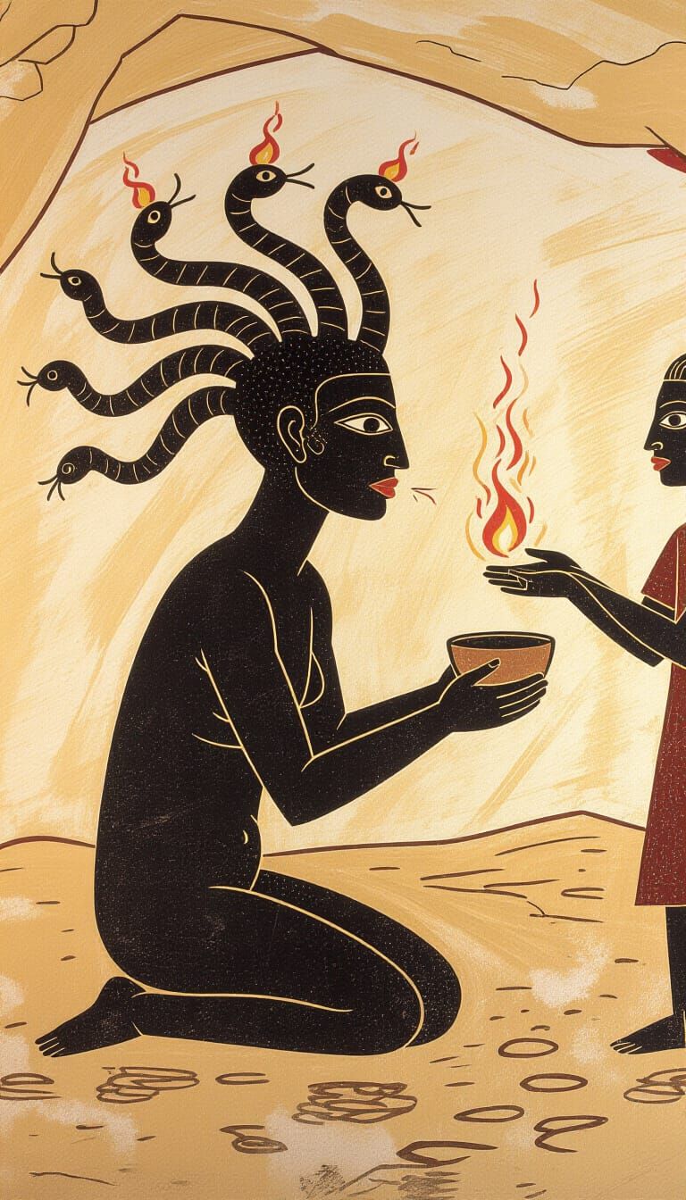 Primitive Finger-Painted Cave Art of Ritual Scene