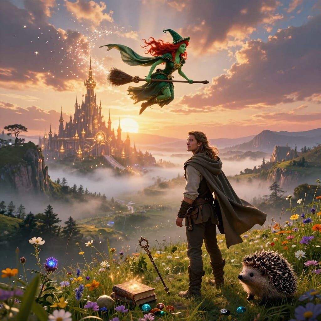 Fantasy Hero and Witch at Sunset Over Magical City