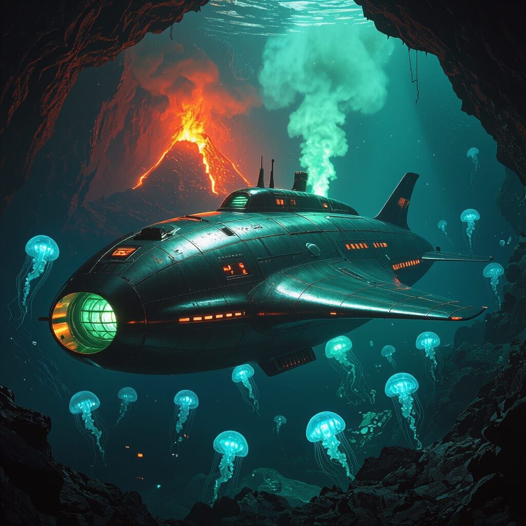 Manta Ray Submarine in Underwater Volcano Cavern