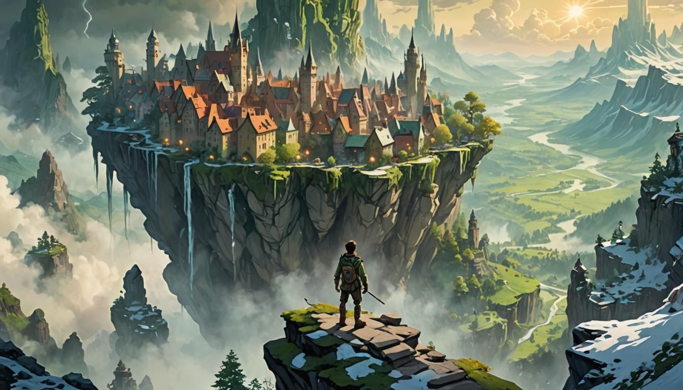 Epic Landscape with Dragons and Floating Cities