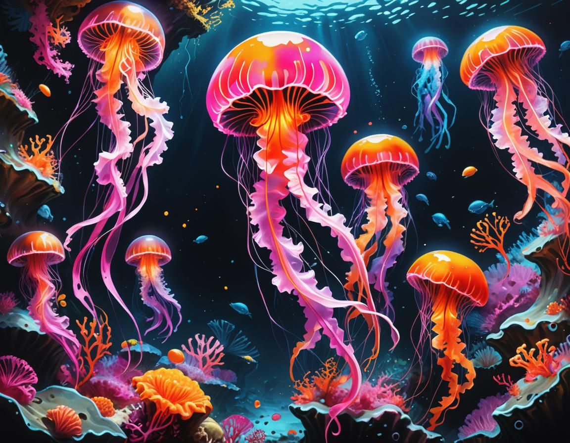 Glowing Jellyfish in Dark Reef: Graffiti Art