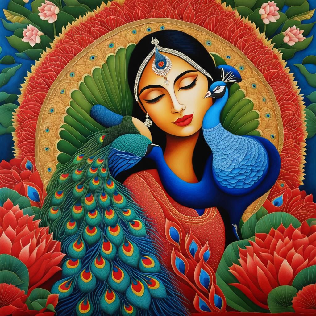 Woman with Peacock - Gond style