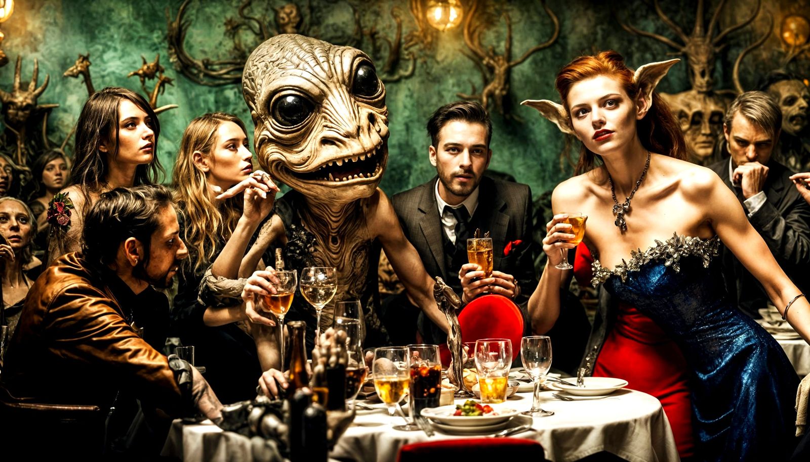 Surreal Restaurant Scene with Exotic Aliens in Hyperreal Sty...