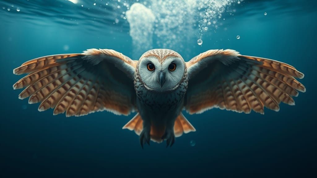 Underwater Owl Swimming in a Dark Blue Ocean