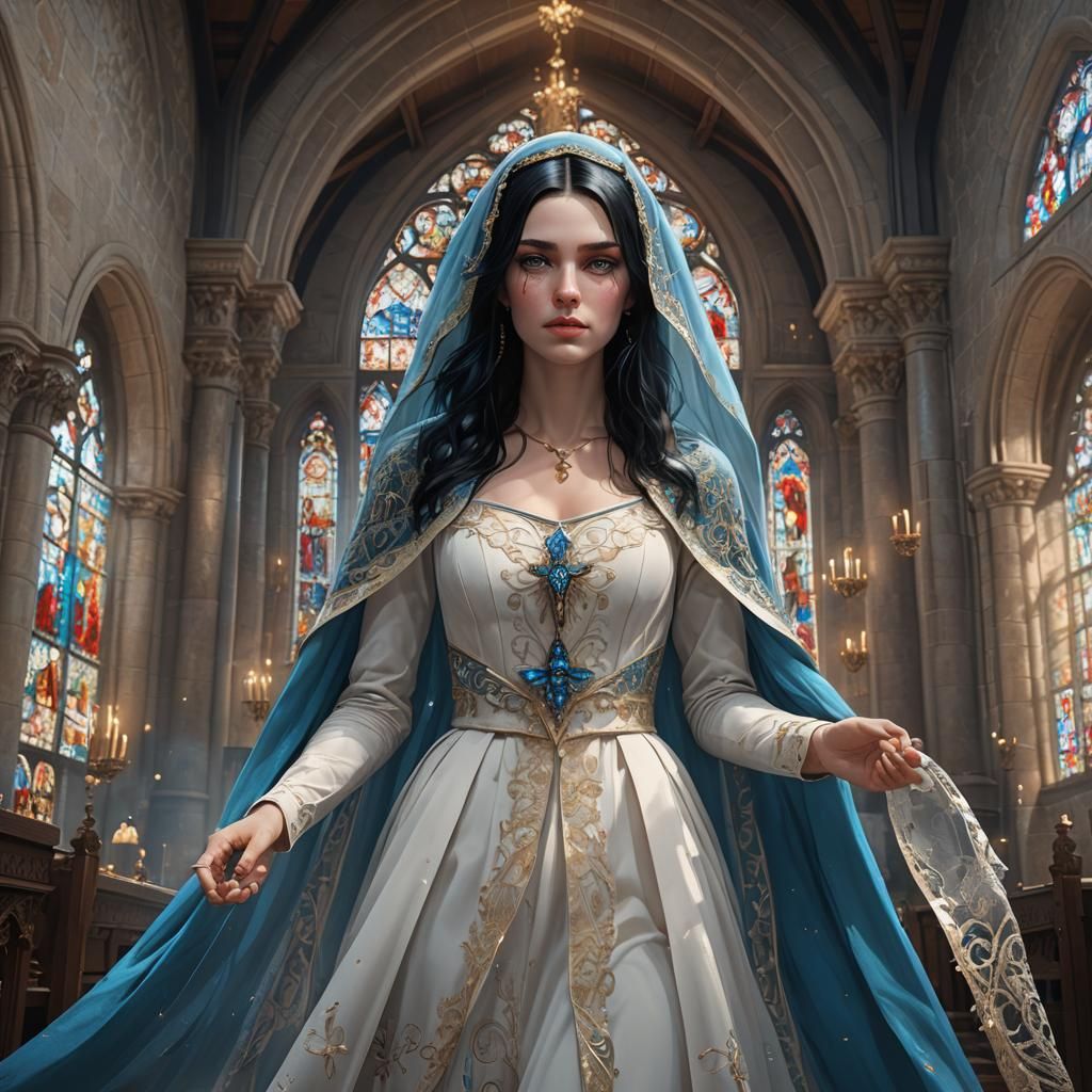 Saintly Girl in Church: Detailed Matte Painting