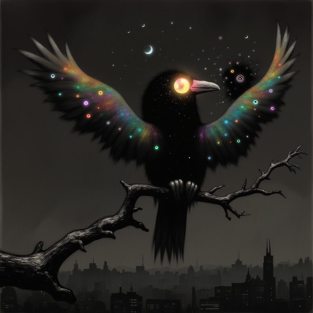 Iridescent Blackbird Taking Flight in Mystical Night