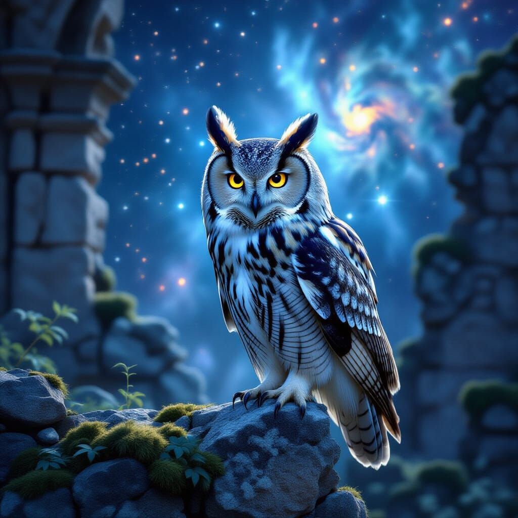 Majestic Starry Owl on Ancient Ruins
