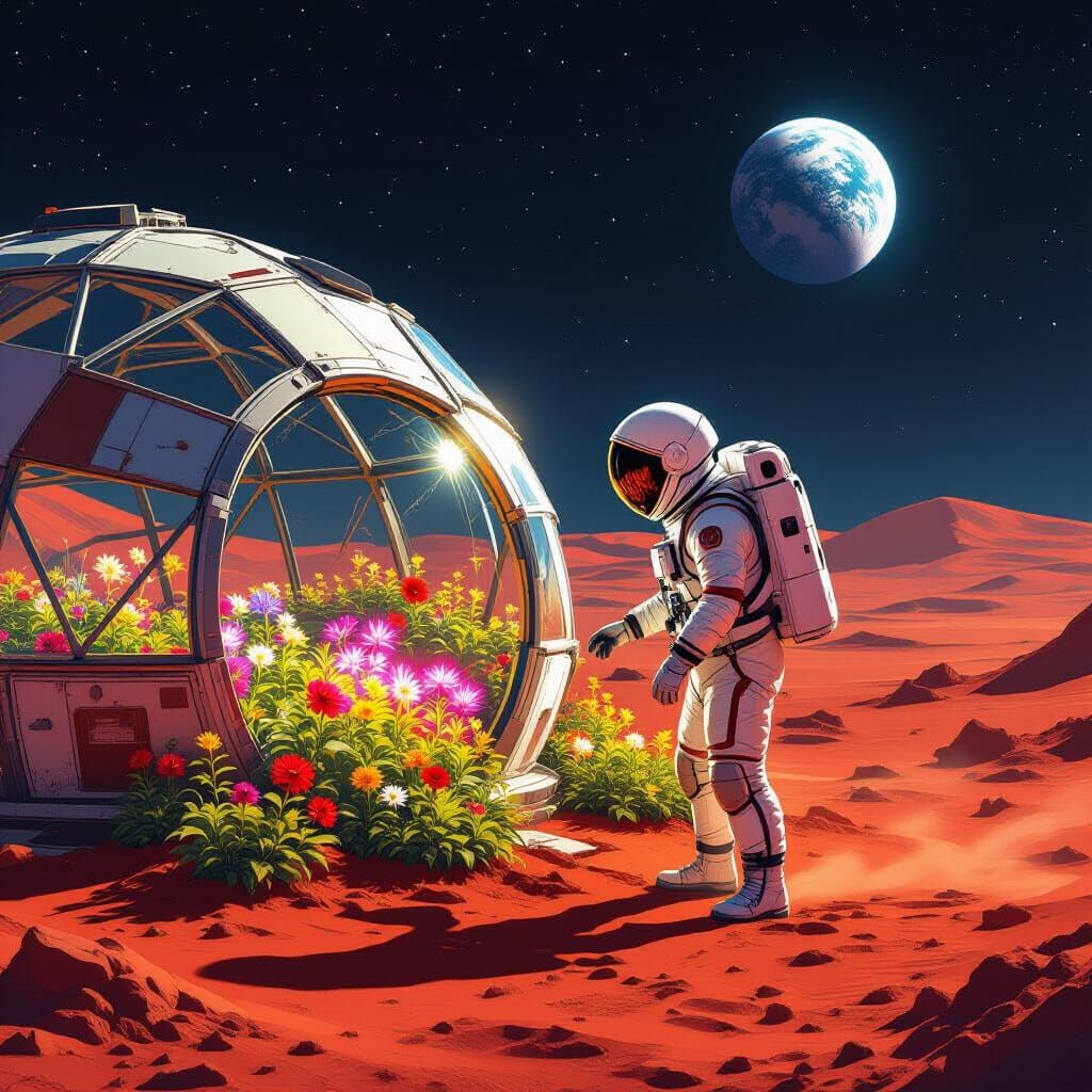Astronaut Tends Glowing Mars Garden in Spaceship Greenhouse
