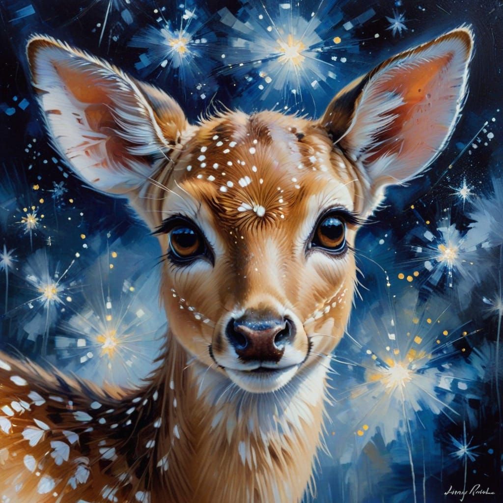 Impressionist Fawn Portrait Reflecting Starry Night Sky