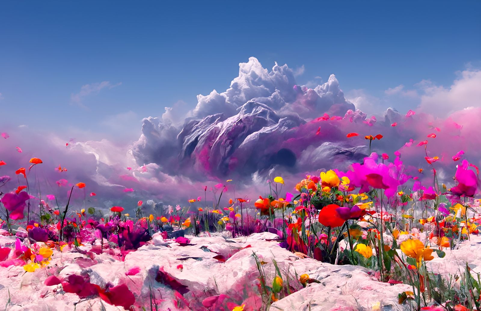 Flower Petal Storm Over Wasteland, Hyperrealistic Painting