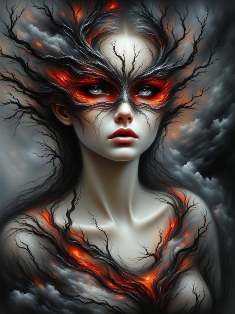 Surreal Goddess Emerges from Tree Roots in Vibrant Neon