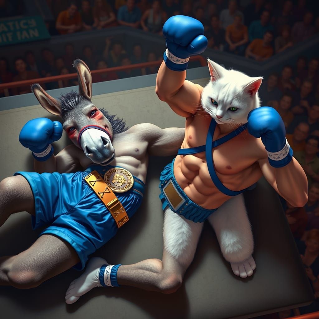 Anthropomorphic Donkey Boxer Defeated in Hyperrealistic Art