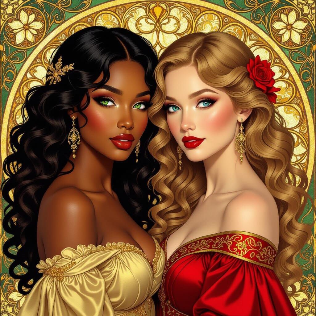 Elegant Women in Gold and Red, Art Nouveau Style