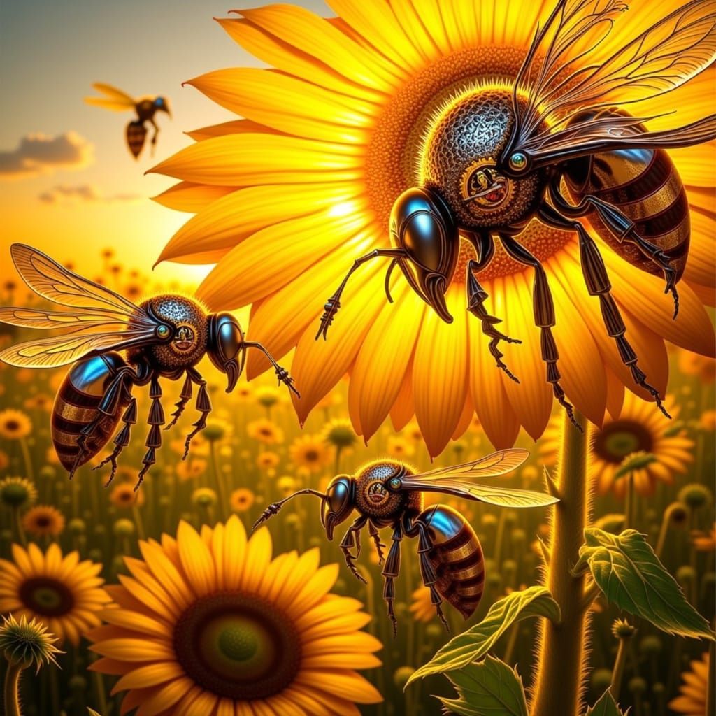 Art Nouveau Bionic Bees Hovering Around Glowing Sunflower