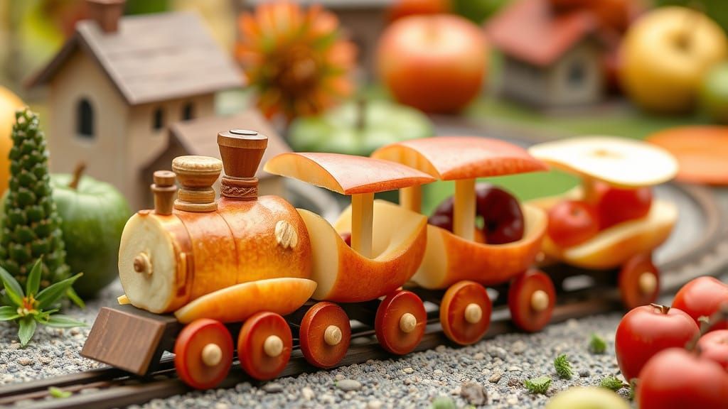 Vibrant Fruit Train Chugs Through Miniature Harvest Landscap...