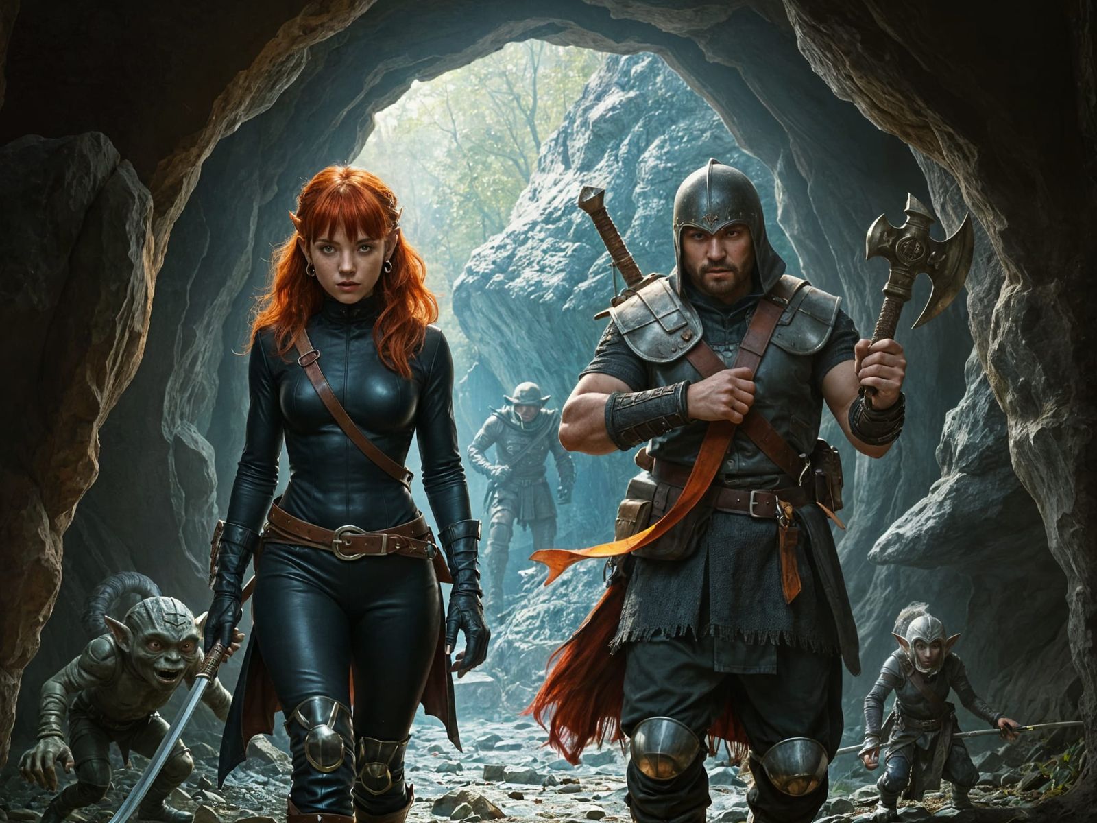 Elf and Warrior Tracking Goblins in Cave