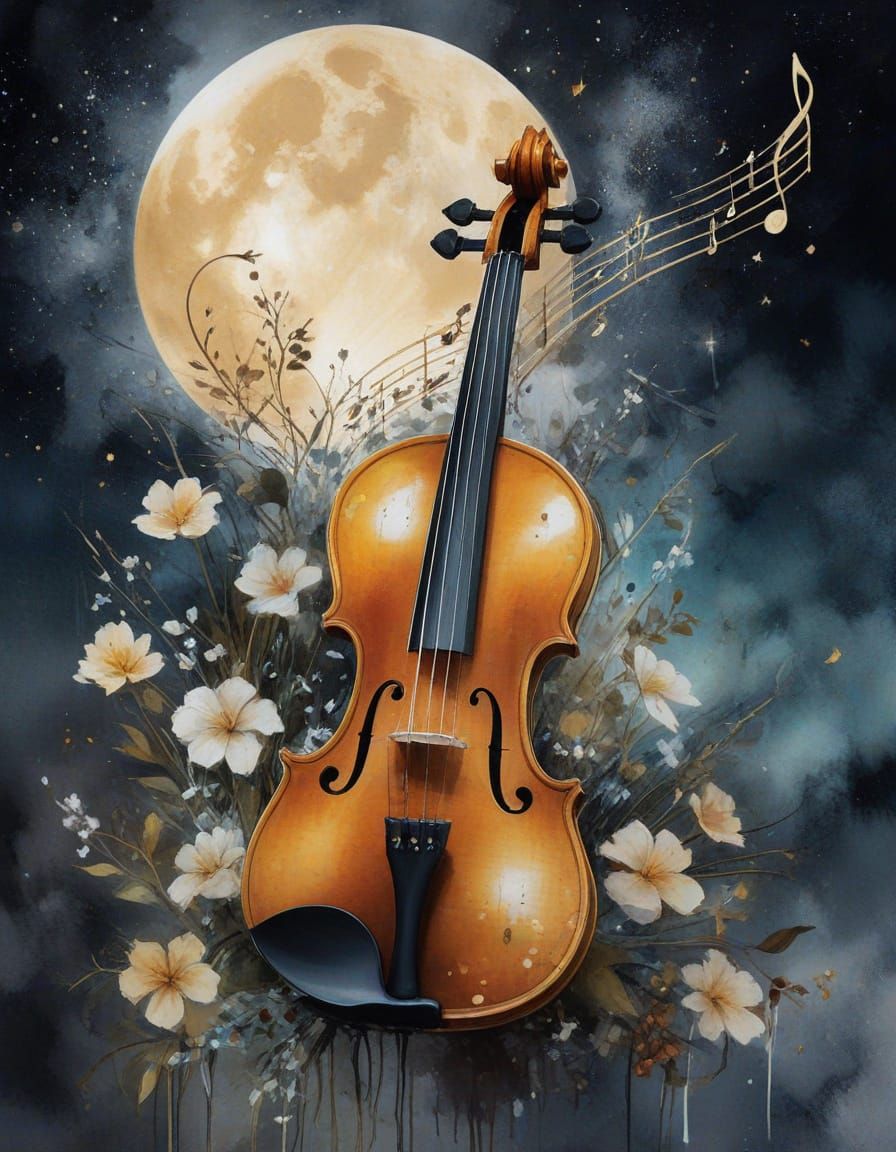 Enchanted Violin Against Whimsical Night Sky