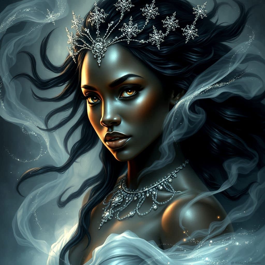 Ethereal Ebony Goddess in Whispers of Mist