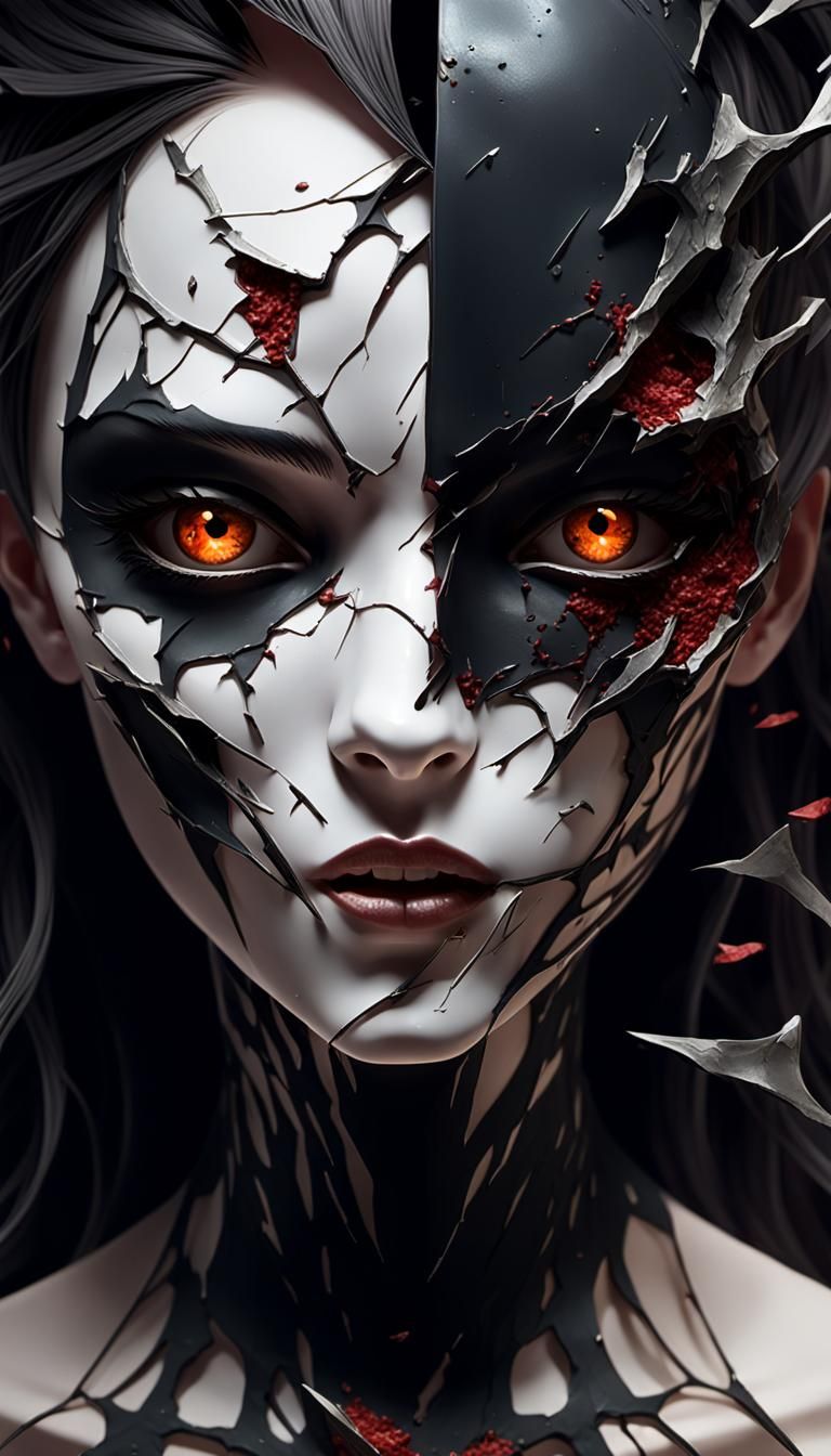 Dark Gothic Anime Woman with Shattered Mask