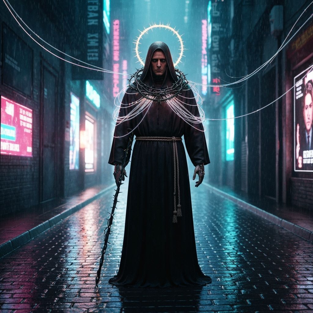 Cybernetic Saint in Neon Alleyway, in Cyberpunk Style